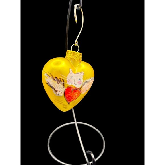 Hand-Painted Heart-Shaped Glass Ornament Painted With Cat & Wings Design - Picture 2 of 7